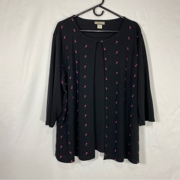 Notations Layered 3/4 Sleeve Embroidered Pink Flower Black Blouse - Picture 2 of 6